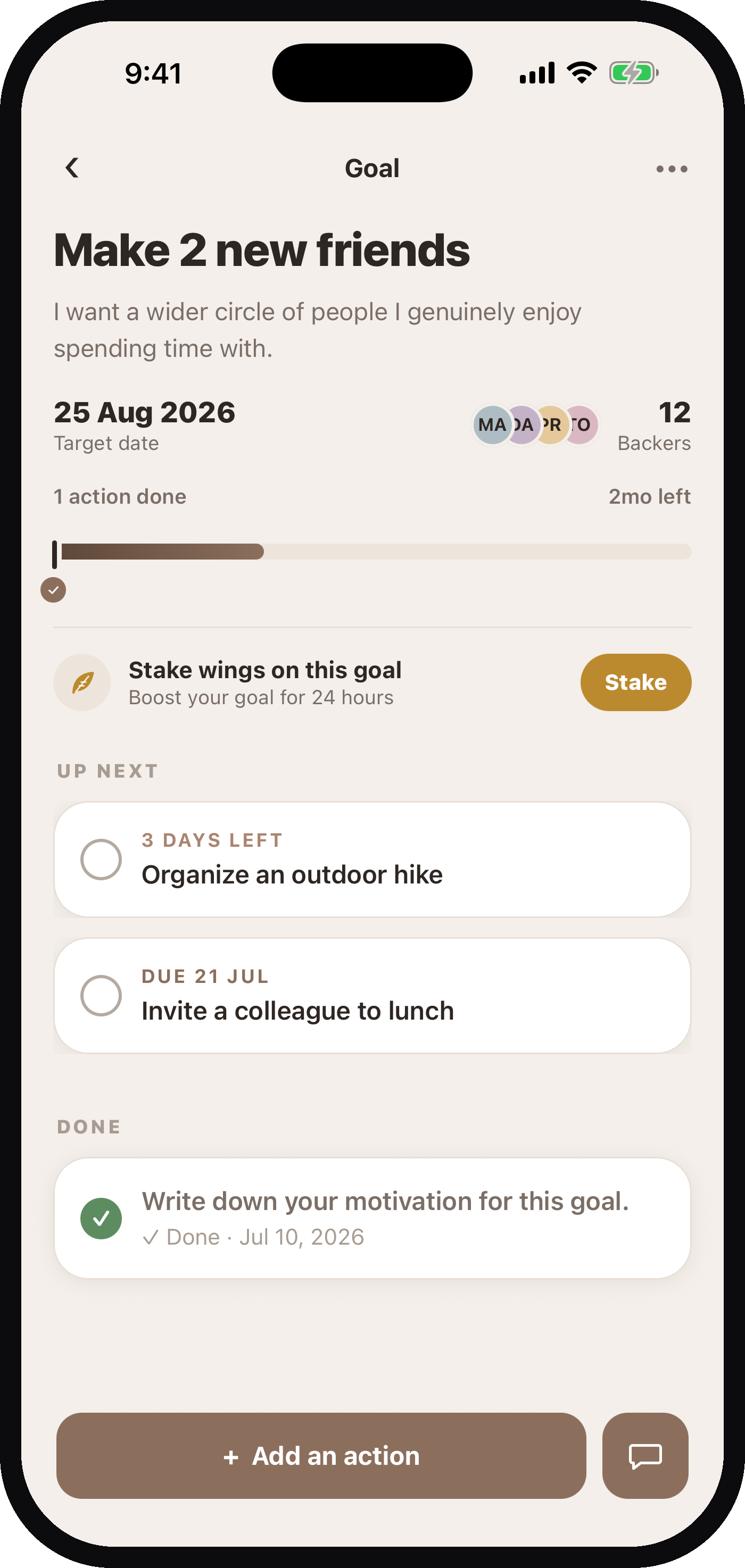 A Plumee goal with 12 backers who have staked wings on it, and the actions coming up next