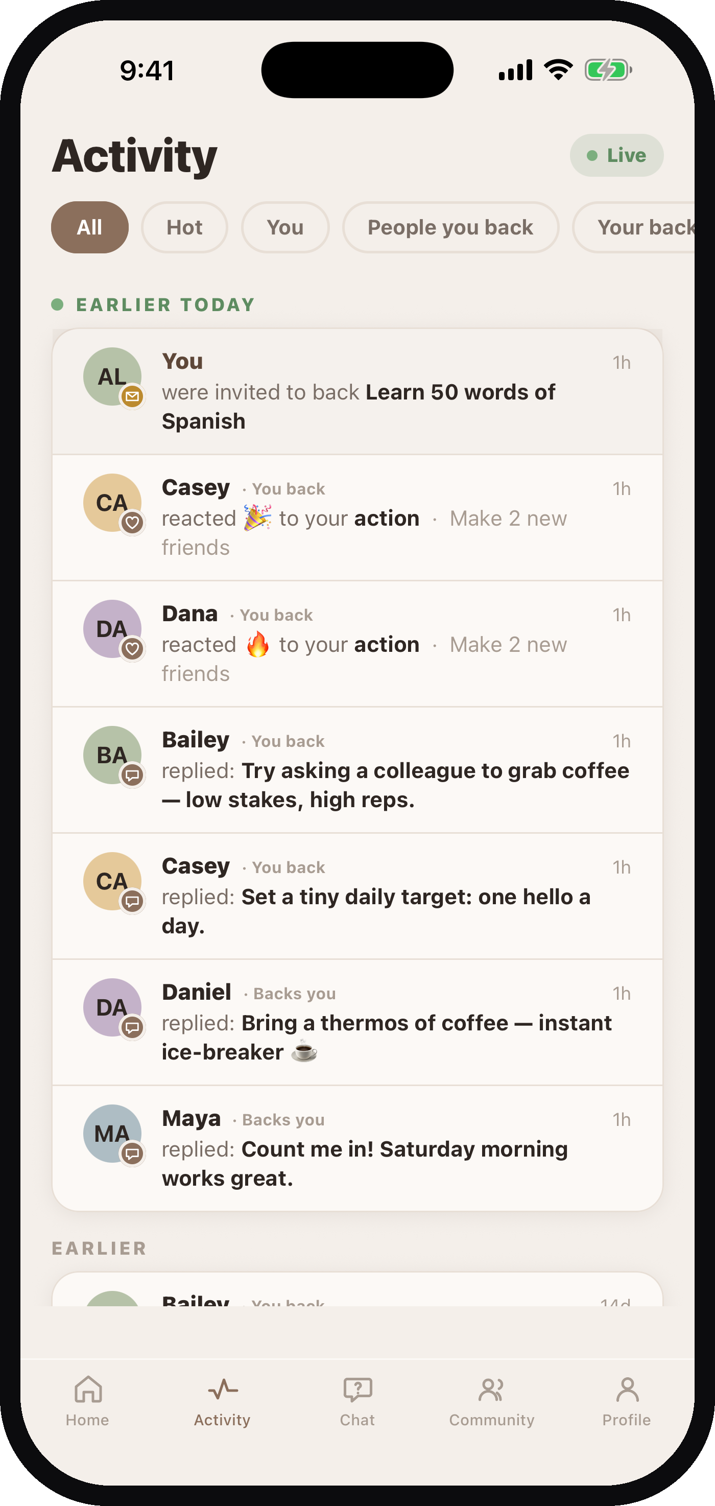 Plumee activity feed — backers reacting to and cheering on your progress