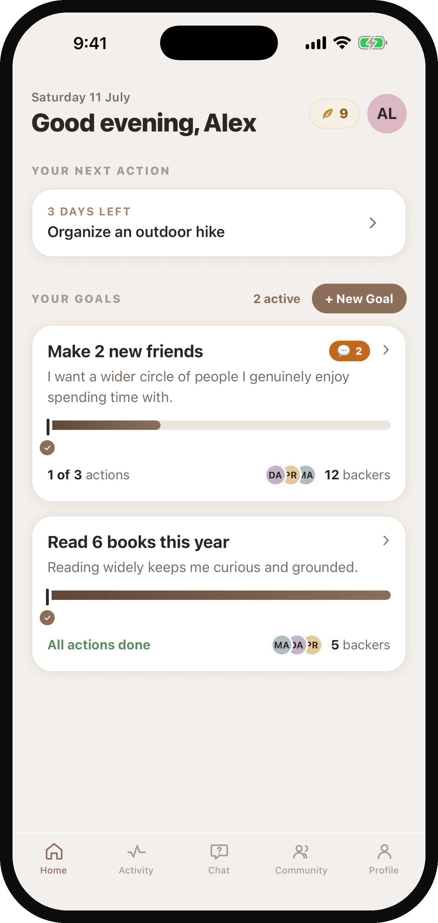 Plumee home screen — your next action and active goals, each with backers and wings
