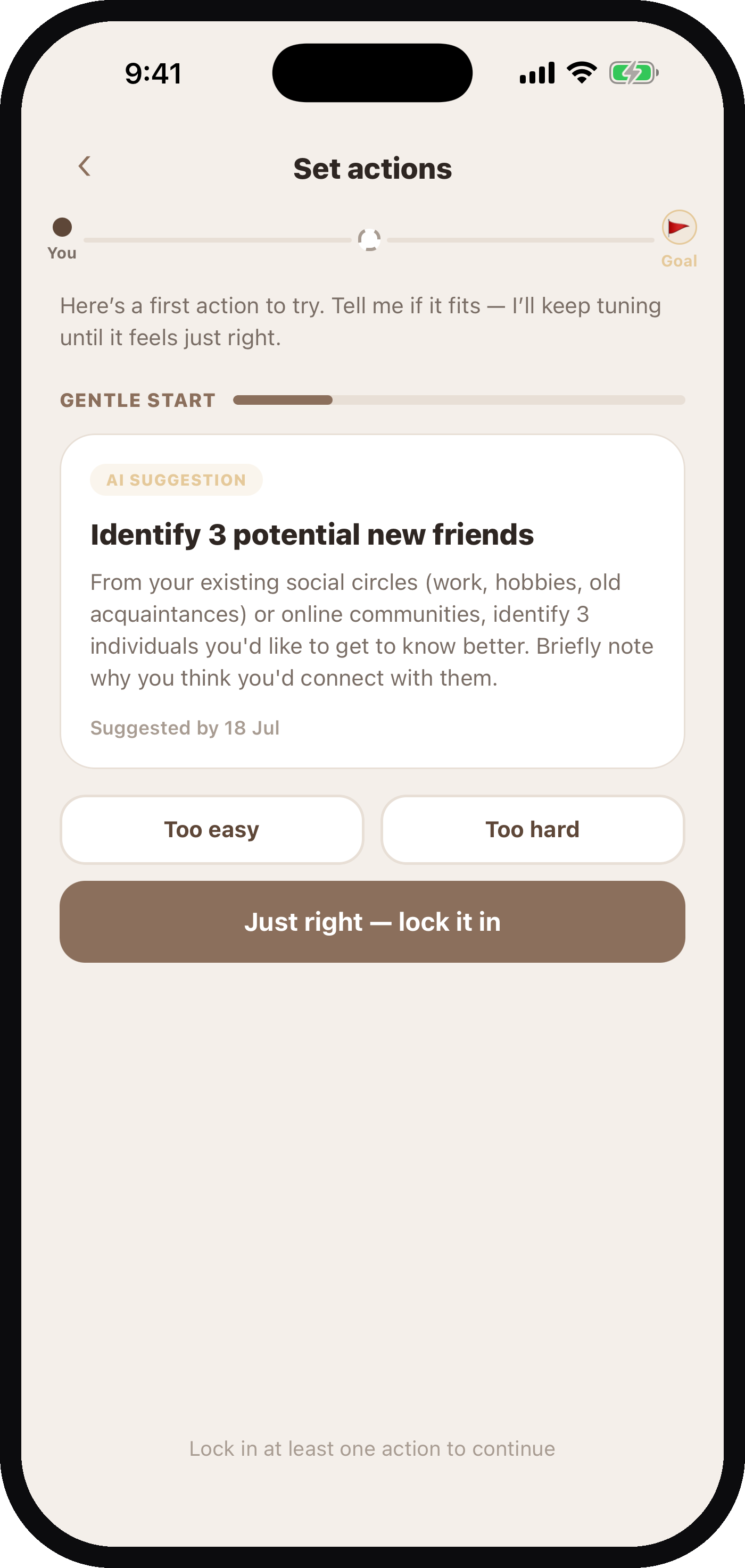 Plumee suggests a first action for your goal and tunes it until it feels just right
